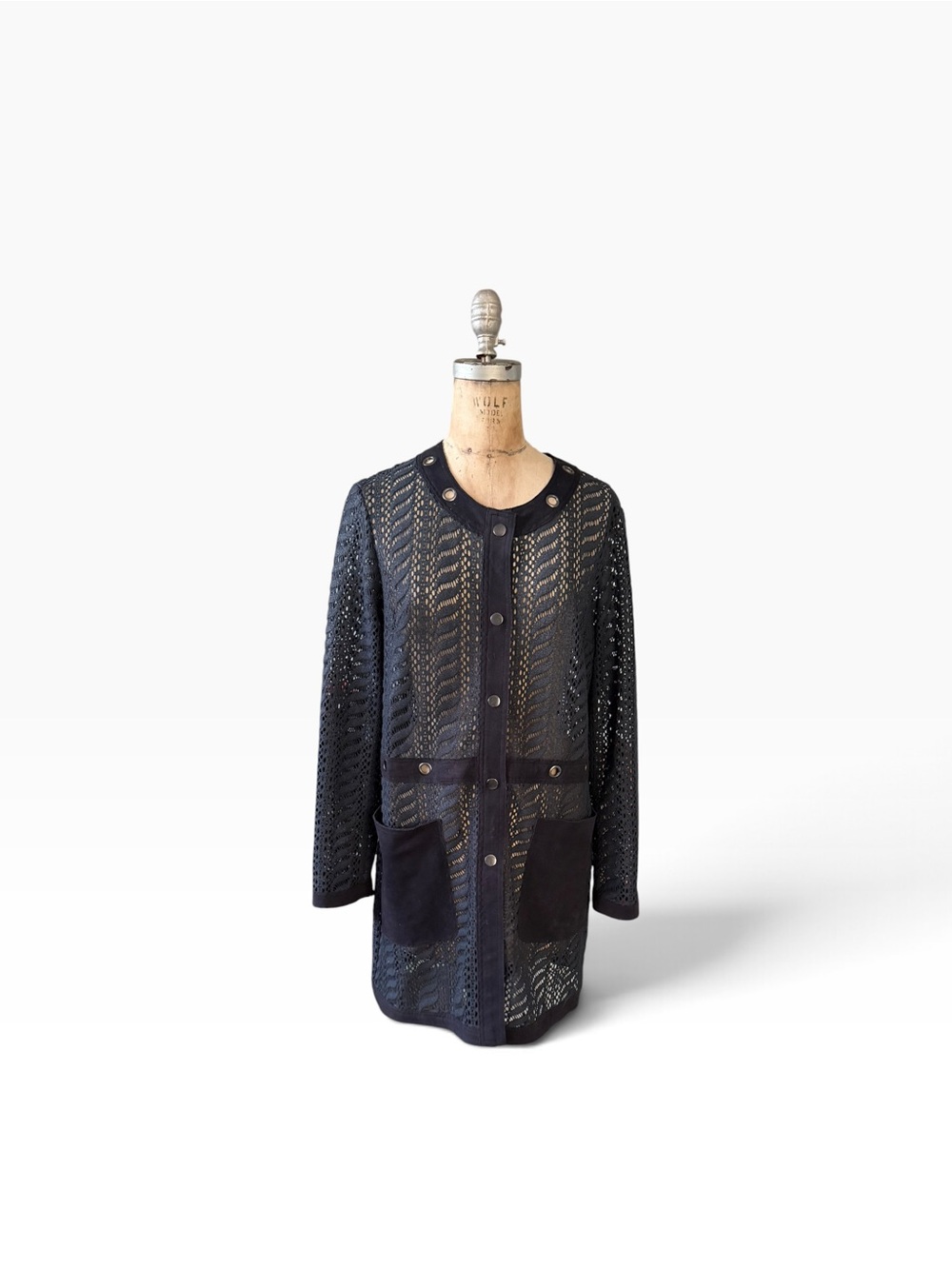 Alberto Makali Black Open-Knit Colarless Crochet Duster Jacket L Whimsigoth Y2K